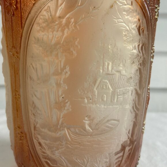 Vintage Marigold Carnival Glass Windmill Scene Pitcher Iridescent Orange - Picture 4 of 10